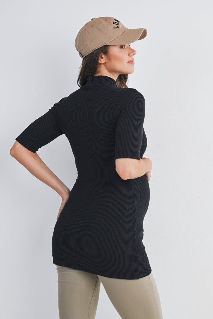 Black Ribbed Short Sleeve Mock Neck Maternity Top Back View