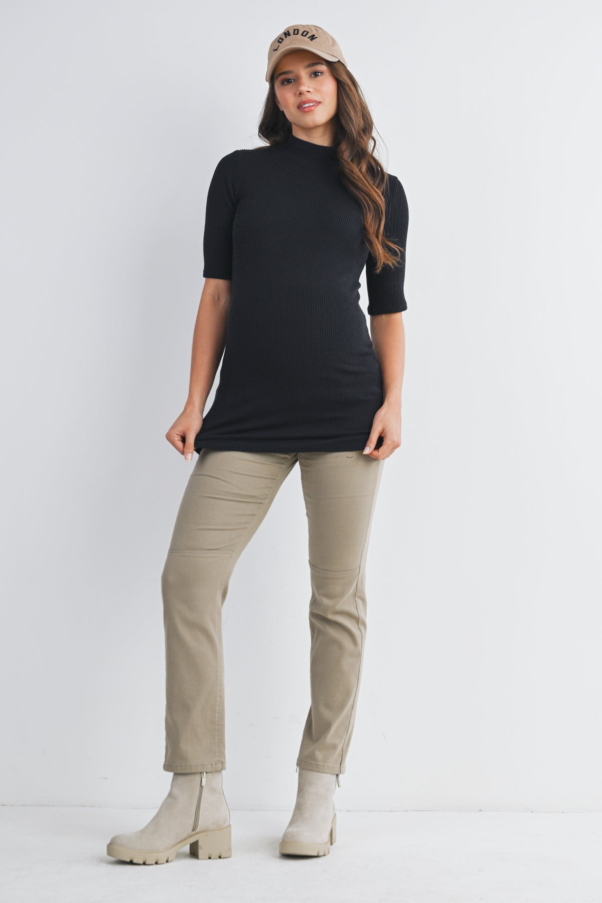 Black Ribbed Short Sleeve Mock Neck Maternity Top Full Body
