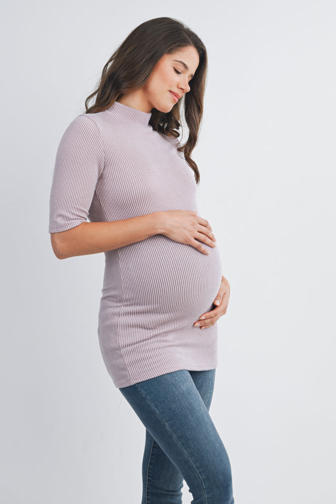 Mauve Ribbed Short Sleeve Mock Neck Maternity Top Side View