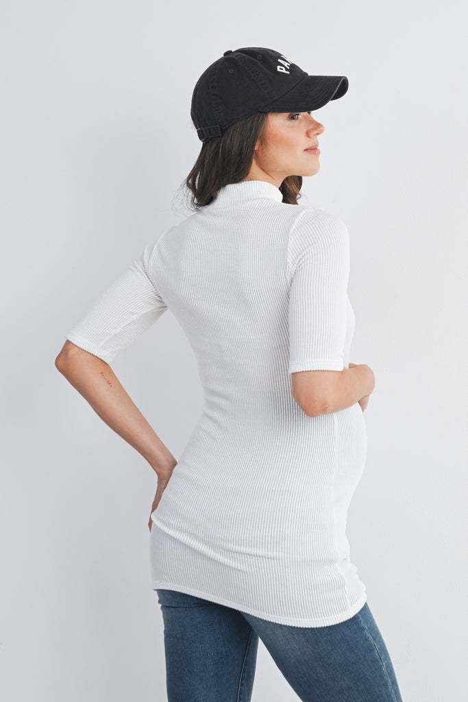 White Ribbed Short Sleeve Mock Neck Maternity Top Back View
