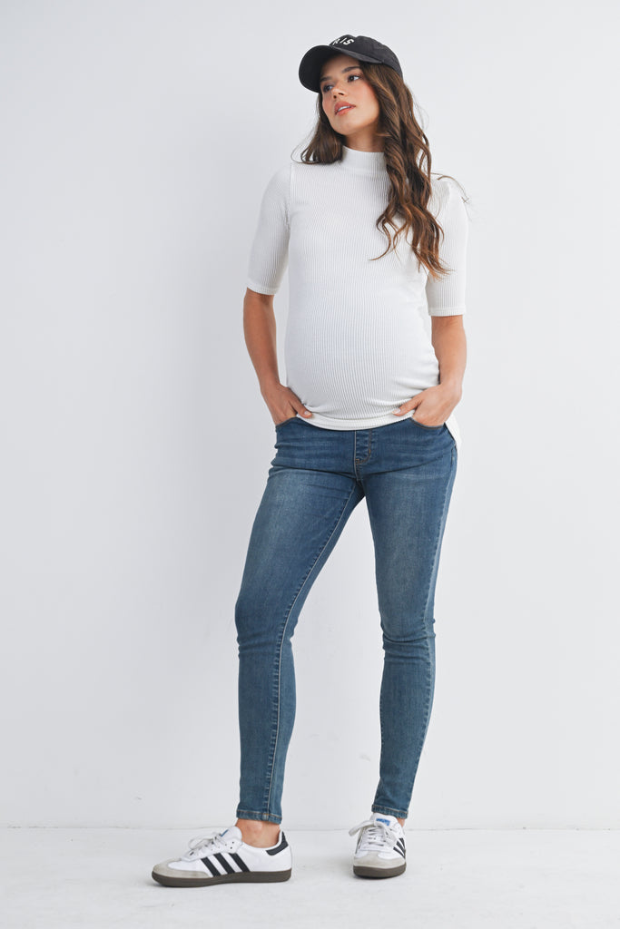 White Ribbed Short Sleeve Mock Neck Maternity Top Full Body