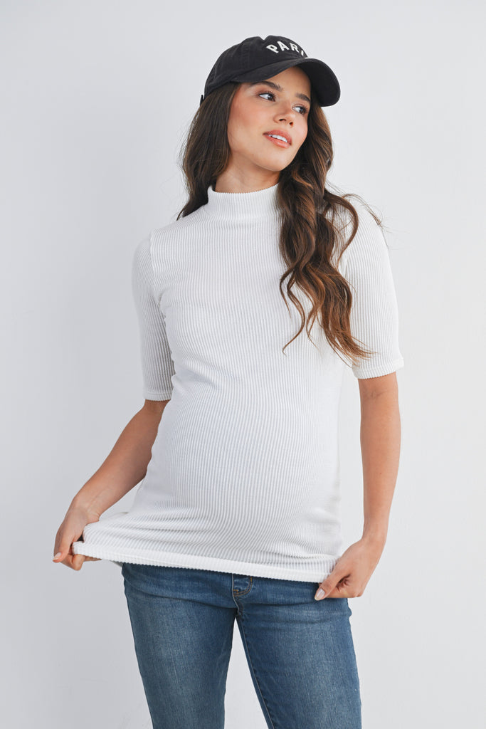 White Ribbed Short Sleeve Mock Neck Maternity Top Front View