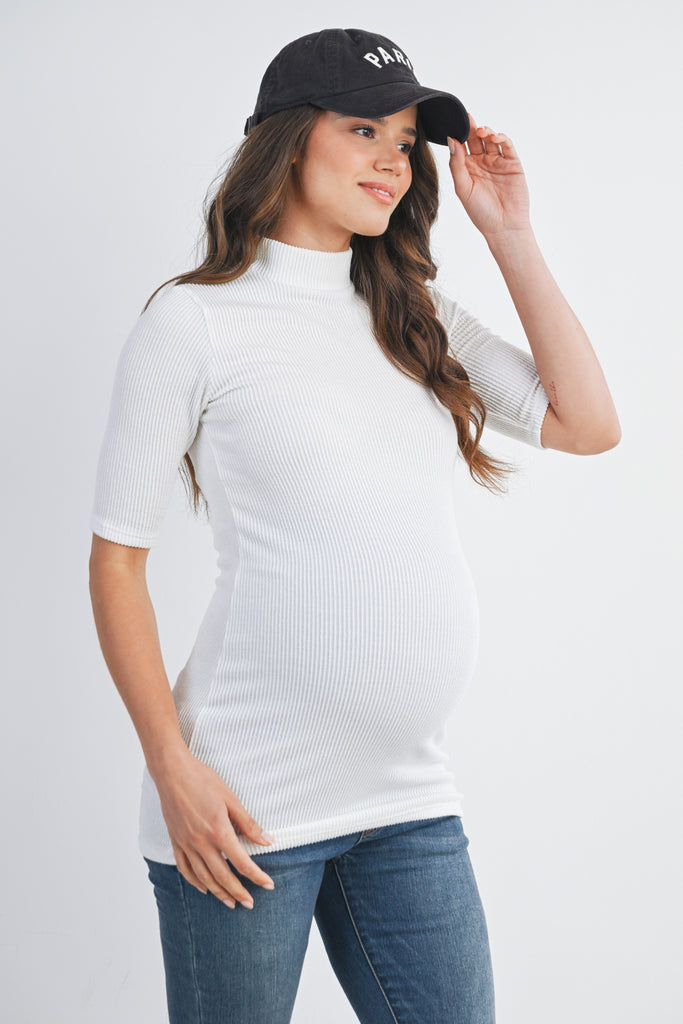 White Ribbed Short Sleeve Mock Neck Maternity Top Side View