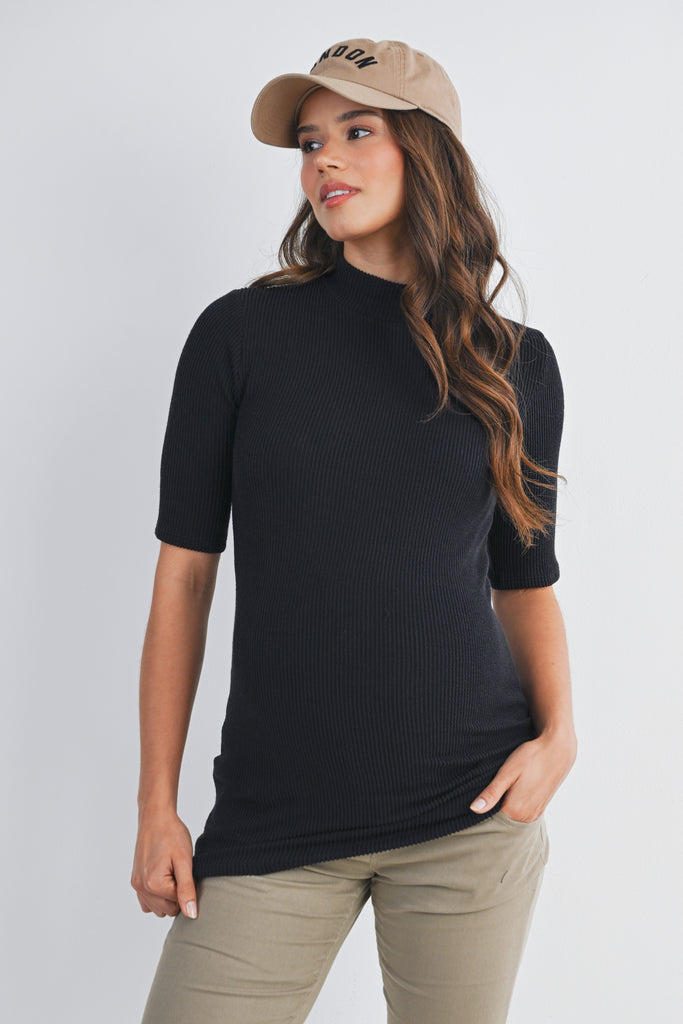 Black Ribbed Short Sleeve Mock Neck Maternity Top Front View