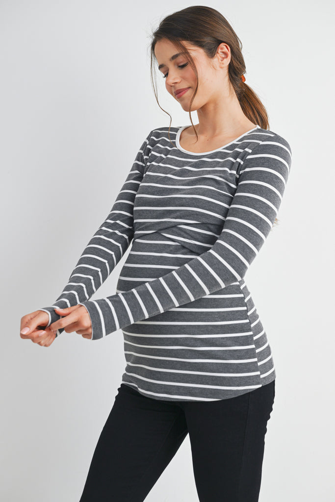 Charcoal Striped Double Layer Long Sleeve Maternity Nursing Top Side View