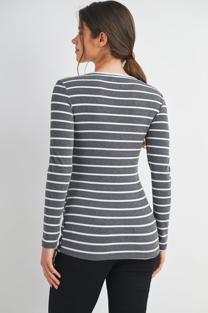 Charcoal Striped Double Layer Long Sleeve Maternity Nursing Top Back View