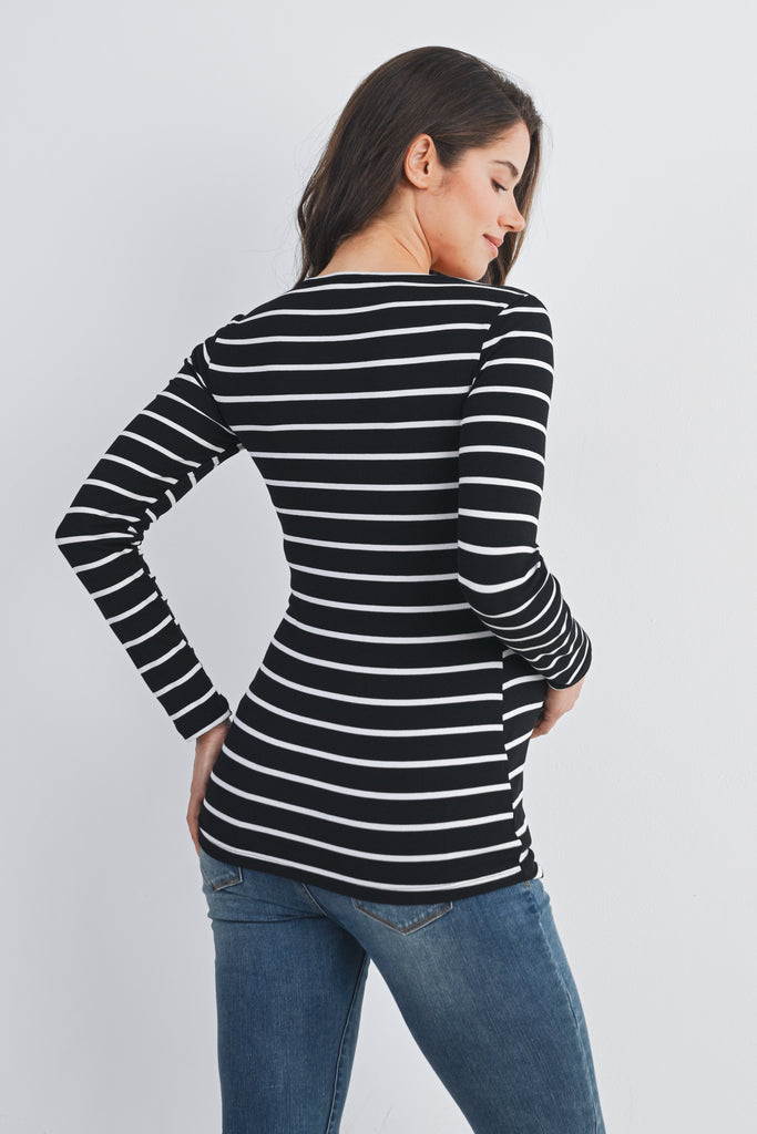 Black Striped Double Layer Long Sleeve Maternity Nursing Top Back View