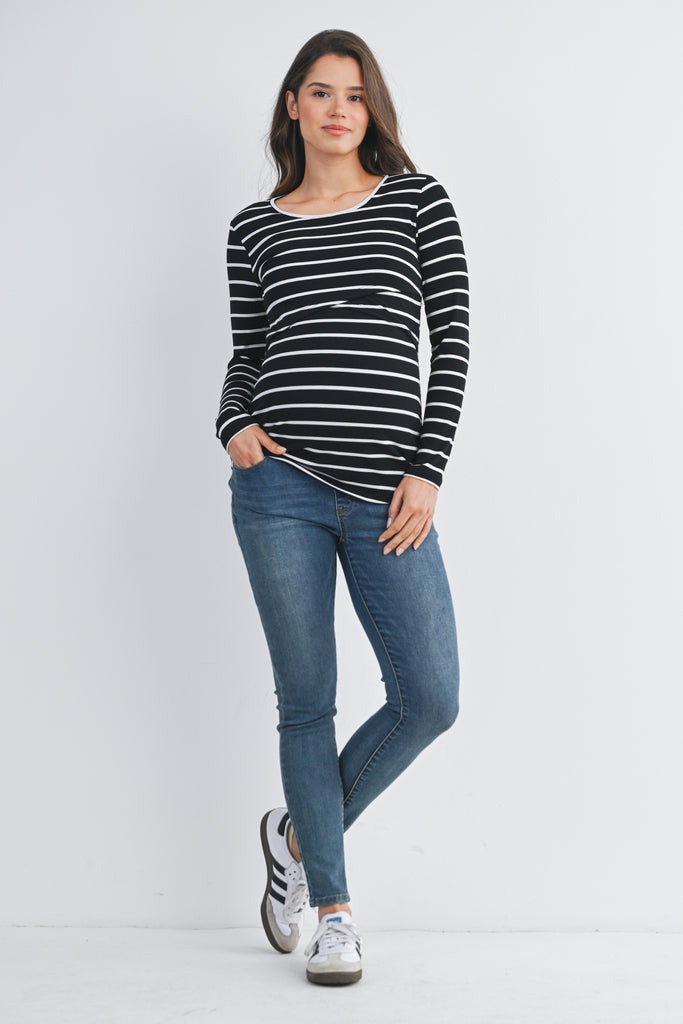lack Striped Double Layer Long Sleeve Maternity Nursing Top Full Body
