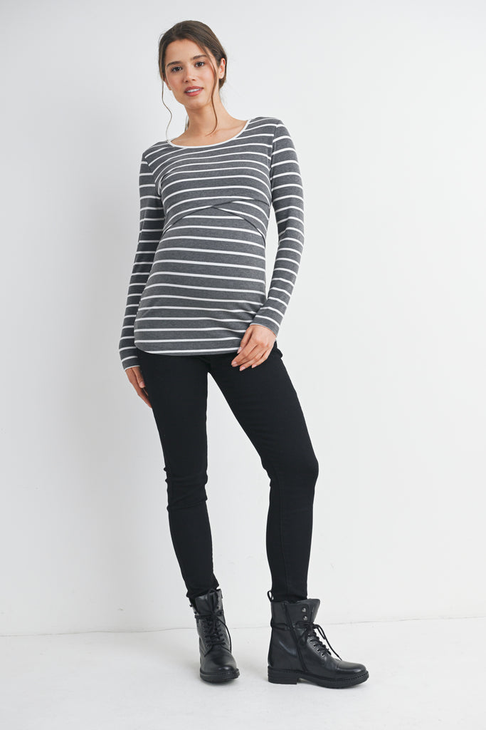 Charcoal Striped Double Layer Long Sleeve Maternity Nursing Top Full Body 