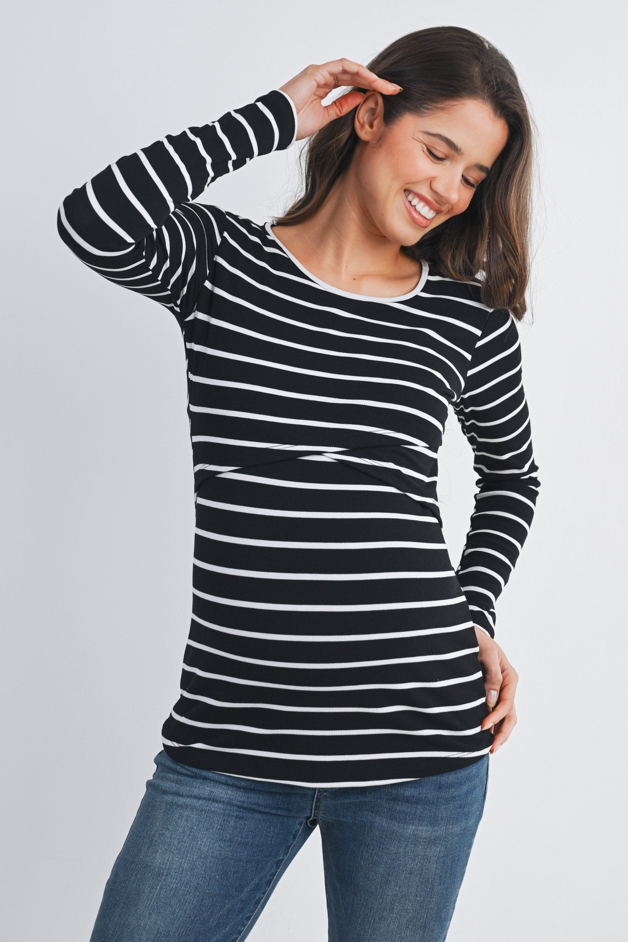 lack Striped Double Layer Long Sleeve Maternity Nursing Top Front View