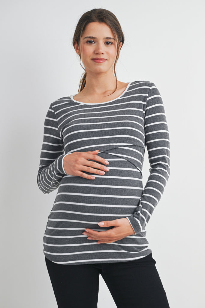 Charcoal Striped Double Layer Long Sleeve Maternity Nursing Top Front View