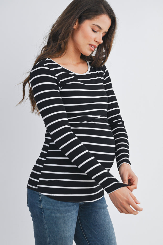 Black Striped Double Layer Long Sleeve Maternity Nursing Top Side View