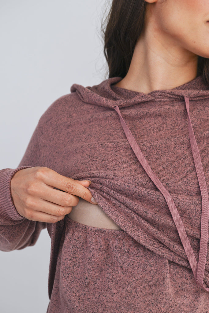 Mauve Double Layer Knit Maternity Nursing Hoodie Nursing Opening Close Up
