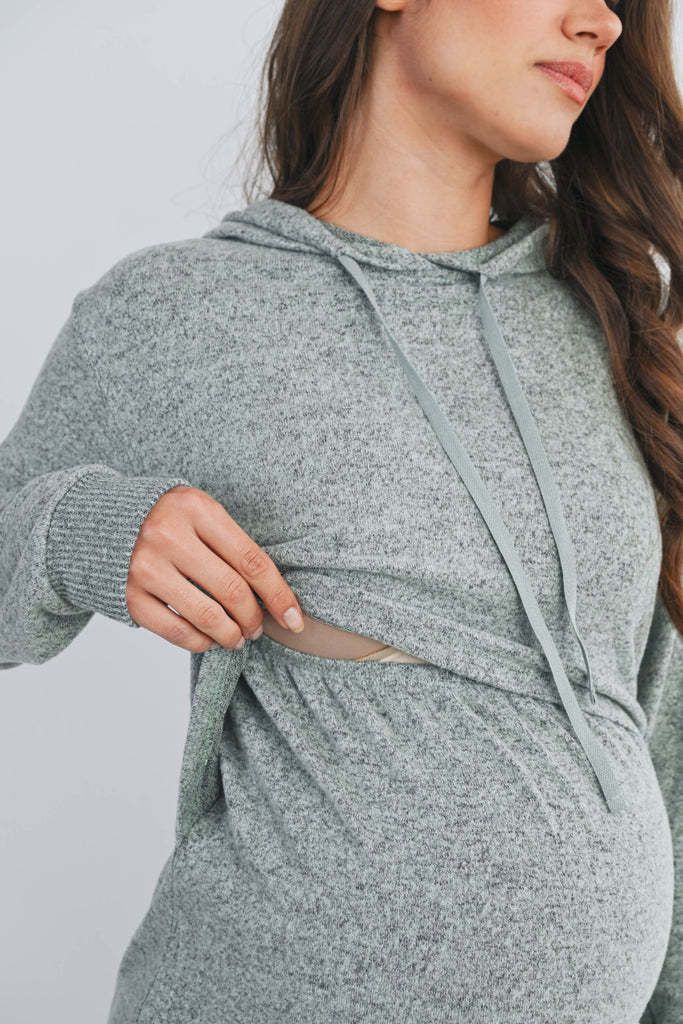Mint Double Layer Knit Maternity Nursing Hoodie Nursing Opening Close Up