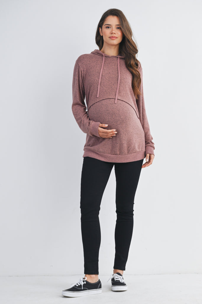 Mauve Double Layer Knit Maternity Nursing Hoodie Full Body