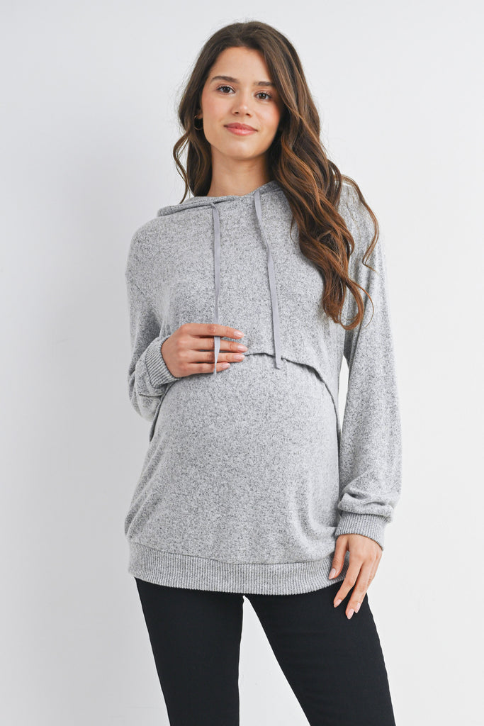 Heather Grey Double Layer Knit Maternity Nursing Hoodie Front View
