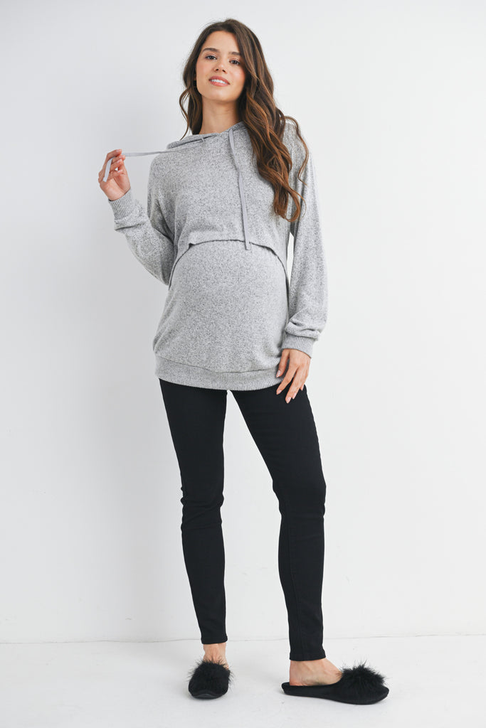 Heather Grey Double Layer Knit Maternity Nursing Hoodie Full Body