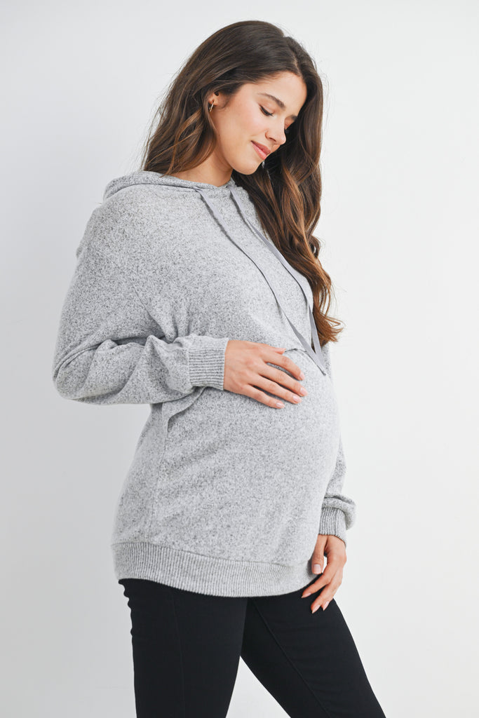 Heather Grey Double Layer Knit Maternity Nursing Hoodie Side View