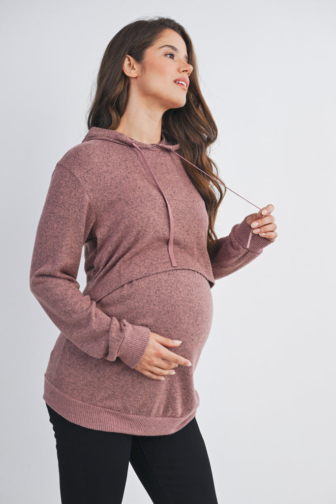 Mauve Double Layer Knit Maternity Nursing Hoodie Side View