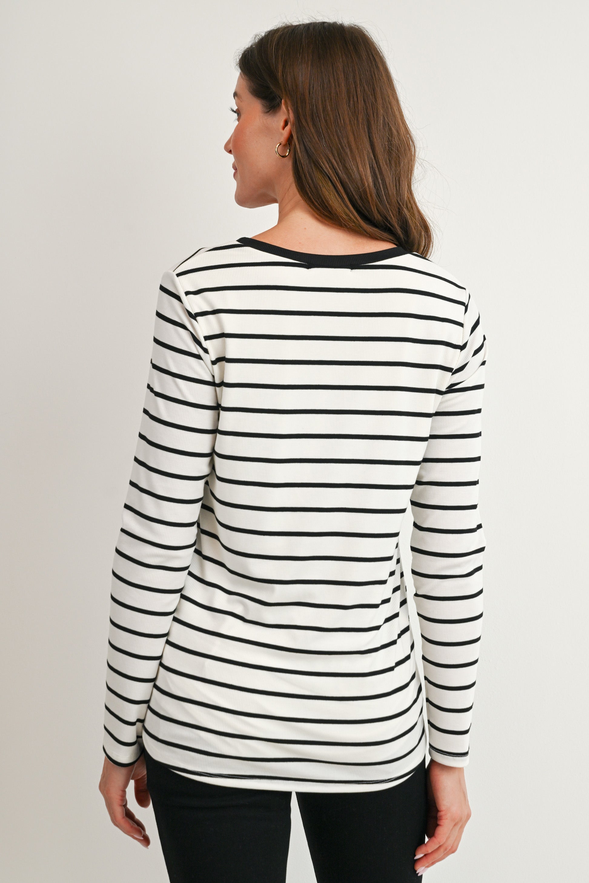 Off White/Black Striped Long Sleeve Ribbed Maternity Nursing Top Back