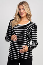 Black/White Striped Long Sleeve Ribbed Maternity Nursing Top Front View