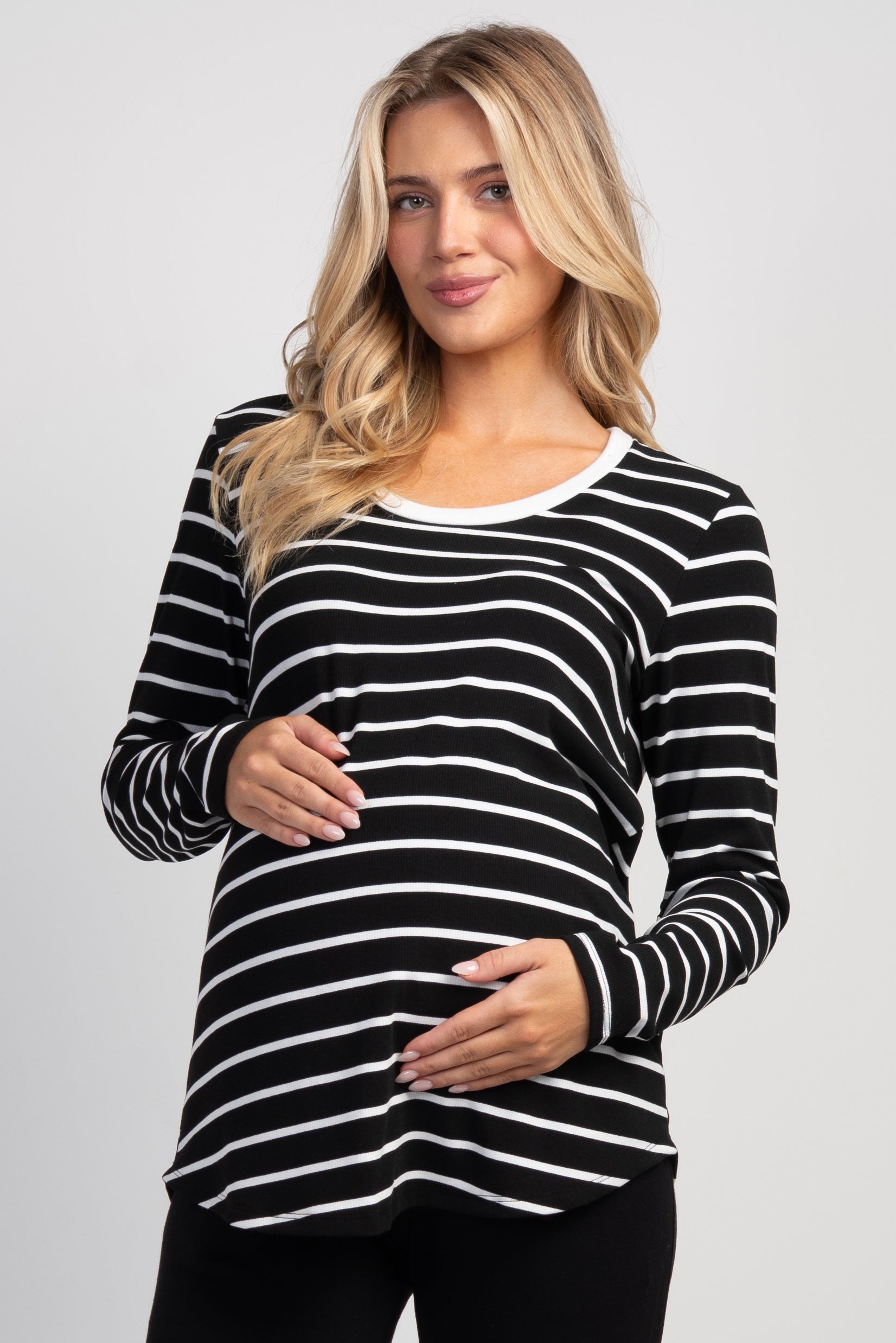 Black/White Striped Long Sleeve Ribbed Maternity Nursing Top Front View