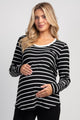 Black/White Striped Long Sleeve Ribbed Maternity Nursing Top Front View