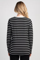 Black/White Striped Long Sleeve Ribbed Maternity Nursing Top Back View