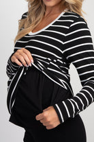 Black/White Striped Long Sleeve Ribbed Maternity Nursing Top Close Up