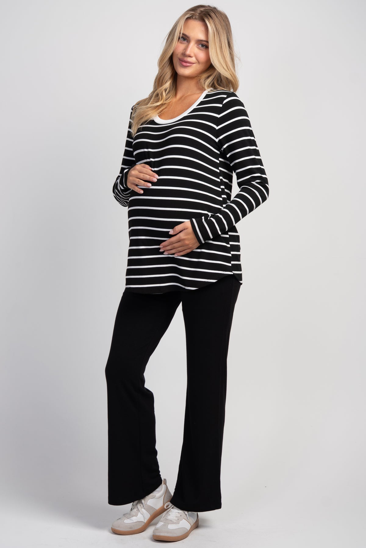 Black/White Striped Long Sleeve Ribbed Maternity Nursing Top Full Body