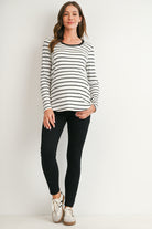 Off White/Black Striped Long Sleeve Ribbed Maternity Nursing Top Full Body