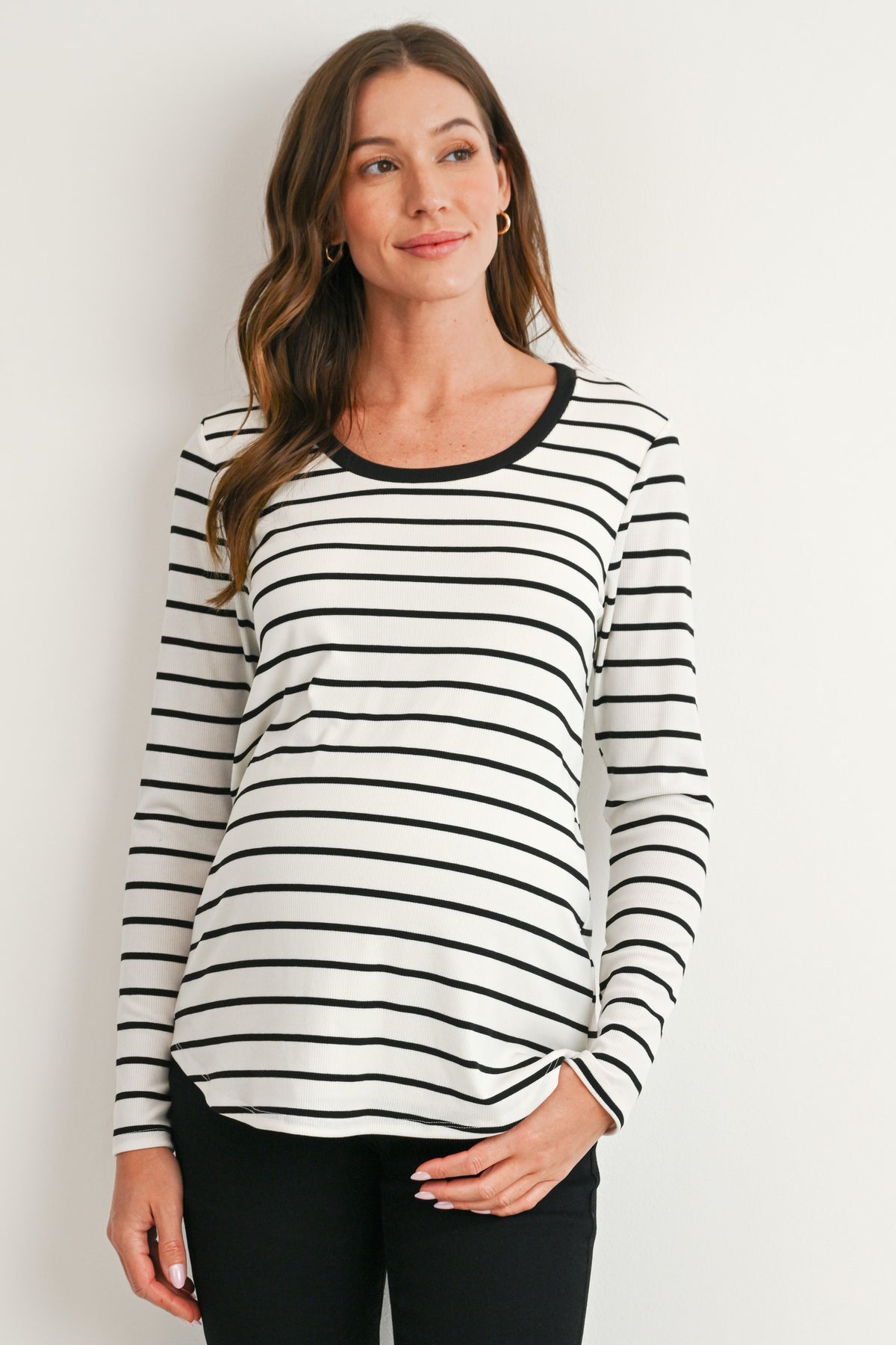 Off White/Black Striped Long Sleeve Ribbed Maternity Nursing Top Front View