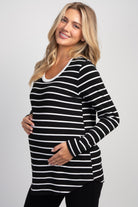 Black/White Striped Long Sleeve Ribbed Maternity Nursing Top Side View