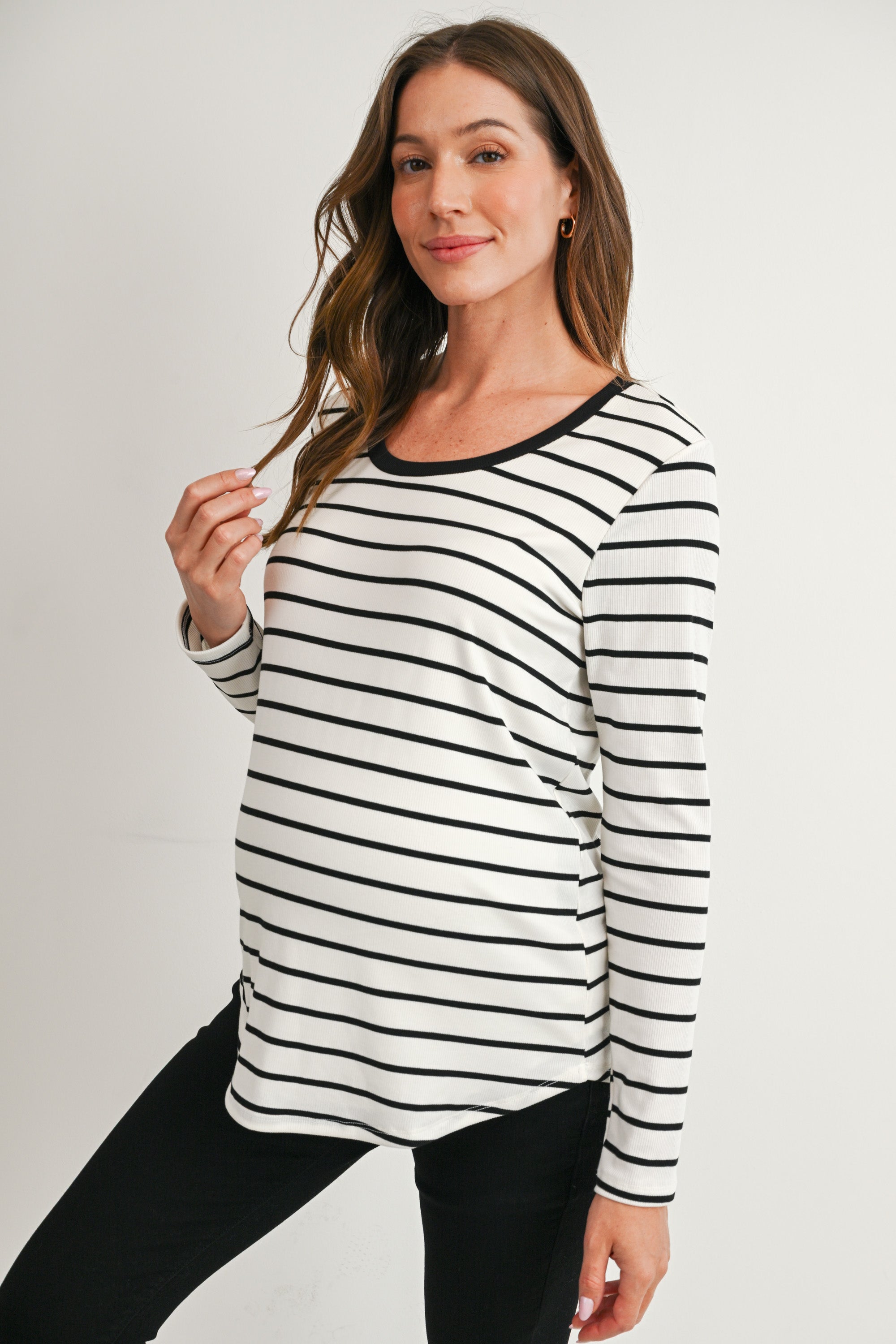 Off White/Black Striped Long Sleeve Ribbed Maternity Nursing Top Side View