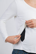 White Long Sleeve Scoop Neck Maternity Top Nursing Friendly Nursing Opening Detail