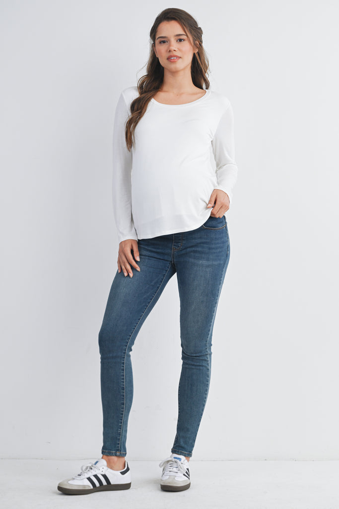 White Long Sleeve Scoop Neck Maternity Top Nursing Friendly Full Body