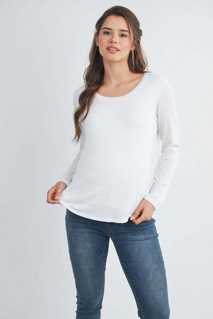 White Long Sleeve Scoop Neck Maternity Top Nursing Friendly Front View