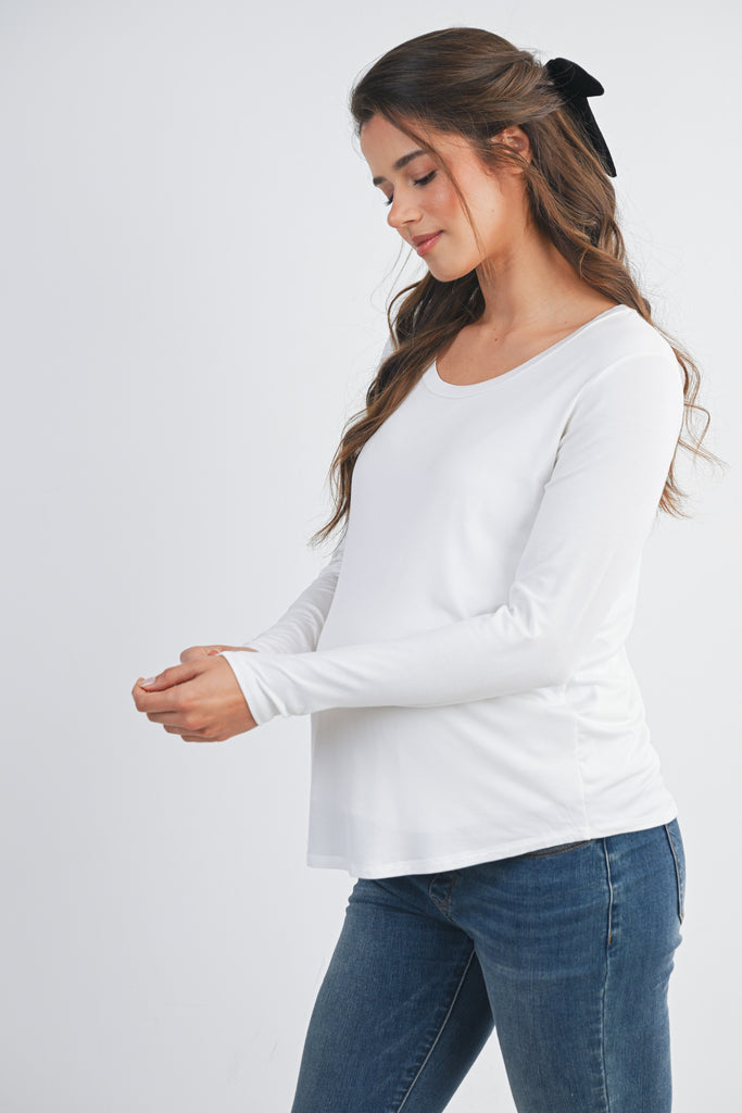 White Long Sleeve Scoop Neck Maternity Top Nursing Friendly Side View