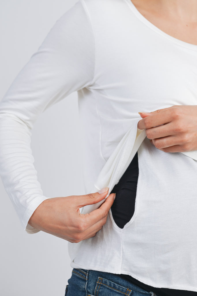 White Long Sleeve Scoop Neck Maternity Top Nursing Friendly Nursing Opening Detail