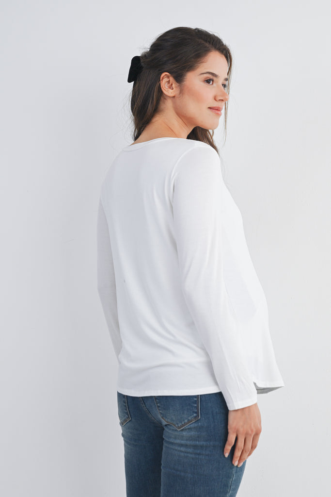 White Long Sleeve Scoop Neck Maternity Top Nursing Friendly Back View