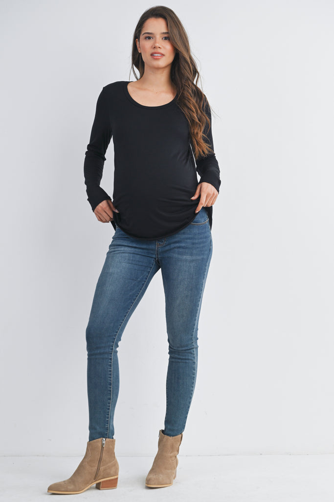 Black Long Sleeve Scoop Neck Maternity Top Nursing Friendly Full Body
