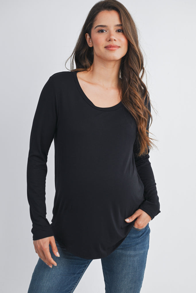 Black Long Sleeve Scoop Neck Maternity Top Nursing Friendly Front View