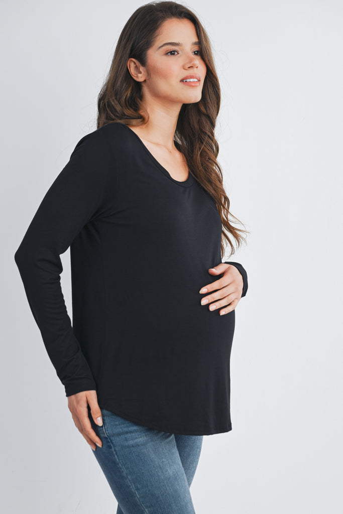 Black Long Sleeve Scoop Neck Maternity Top Nursing Friendly Side View