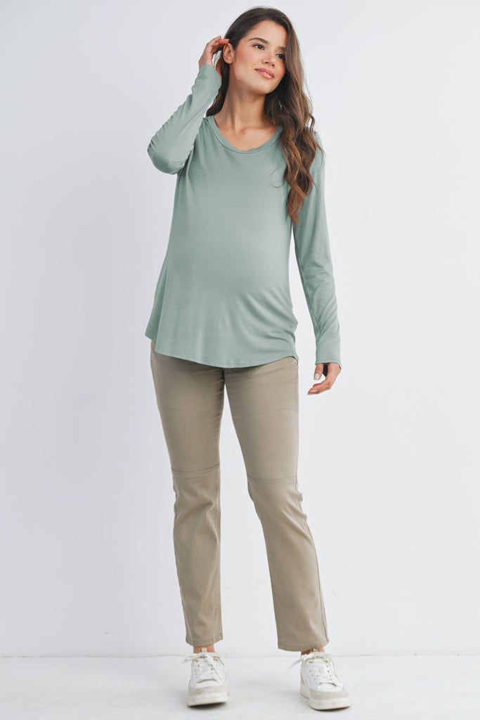 Sage Long Sleeve Scoop Neck Maternity Top Nursing Friendly Full Body