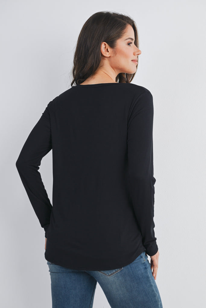 Black Long Sleeve Scoop Neck Maternity Top Nursing Friendly Back View