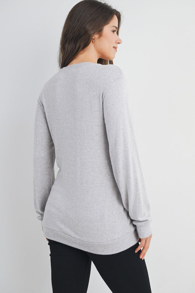 Heather Grey Scoop Neck Long Sleeve Maternity Pullover Nursing Top Back View