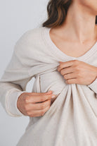Oatmeal Scoop Neck Long Sleeve Maternity Pullover Nursing Top Nursing Opening Close Up