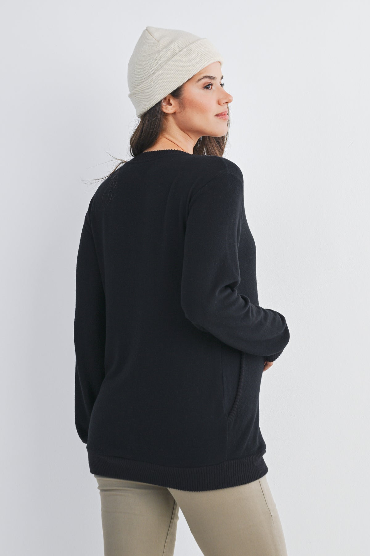 Black Scoop Neck Long Sleeve Maternity Pullover Nursing Top Back View
