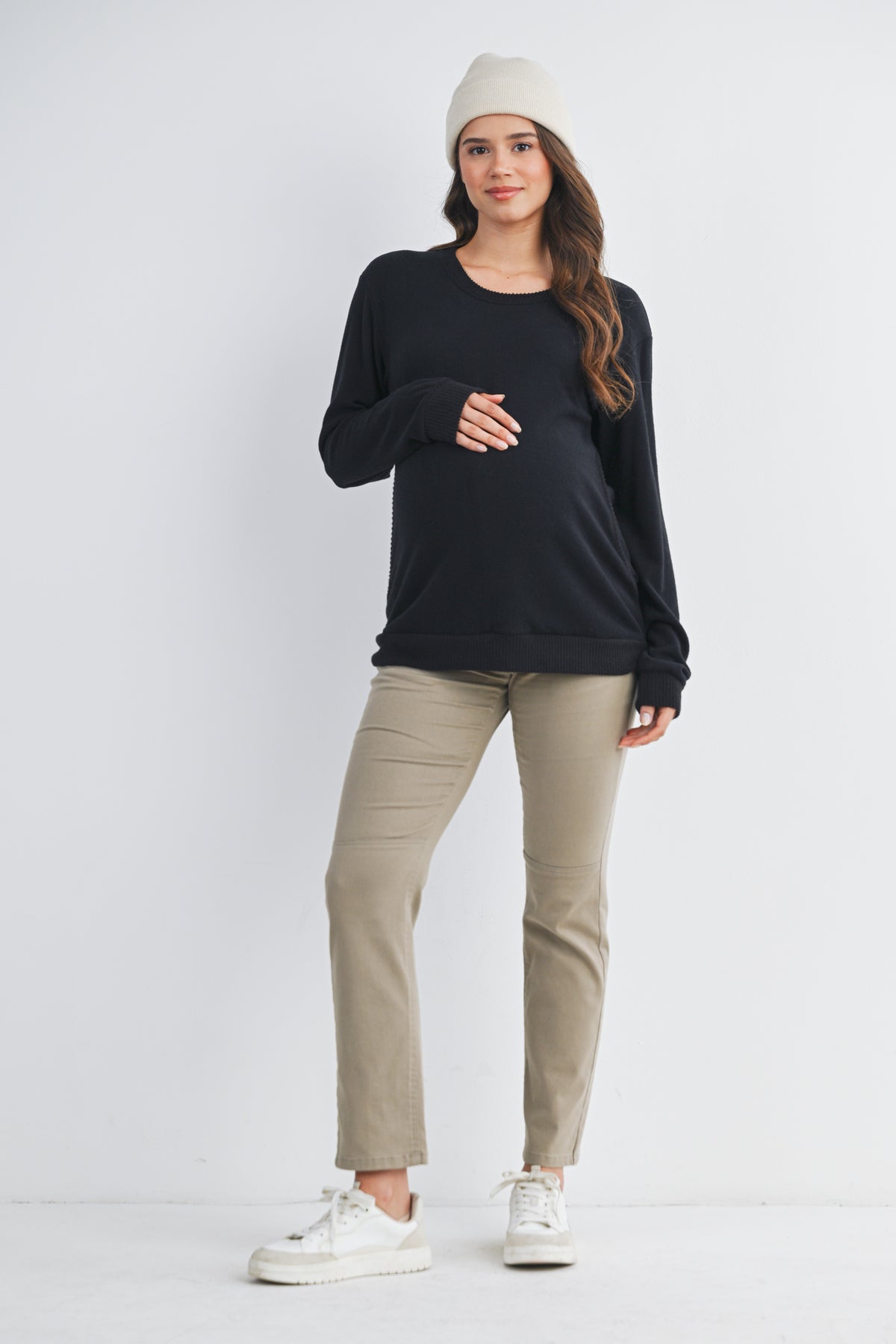 Black Scoop Neck Long Sleeve Maternity Pullover Nursing Top Full Body