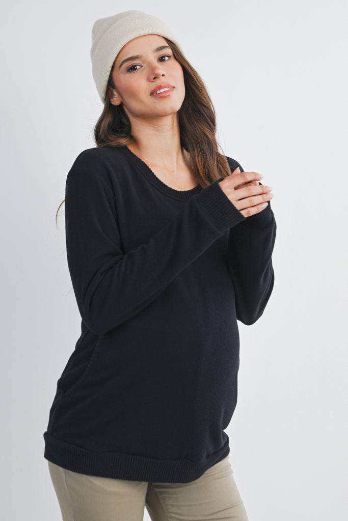 Black Scoop Neck Long Sleeve Maternity Pullover Nursing Top Front View